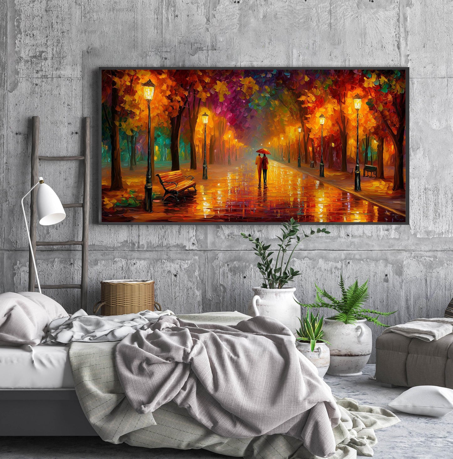 Art Print, Autumn Park Rainy Evening, Panoramic Streetlight Scene