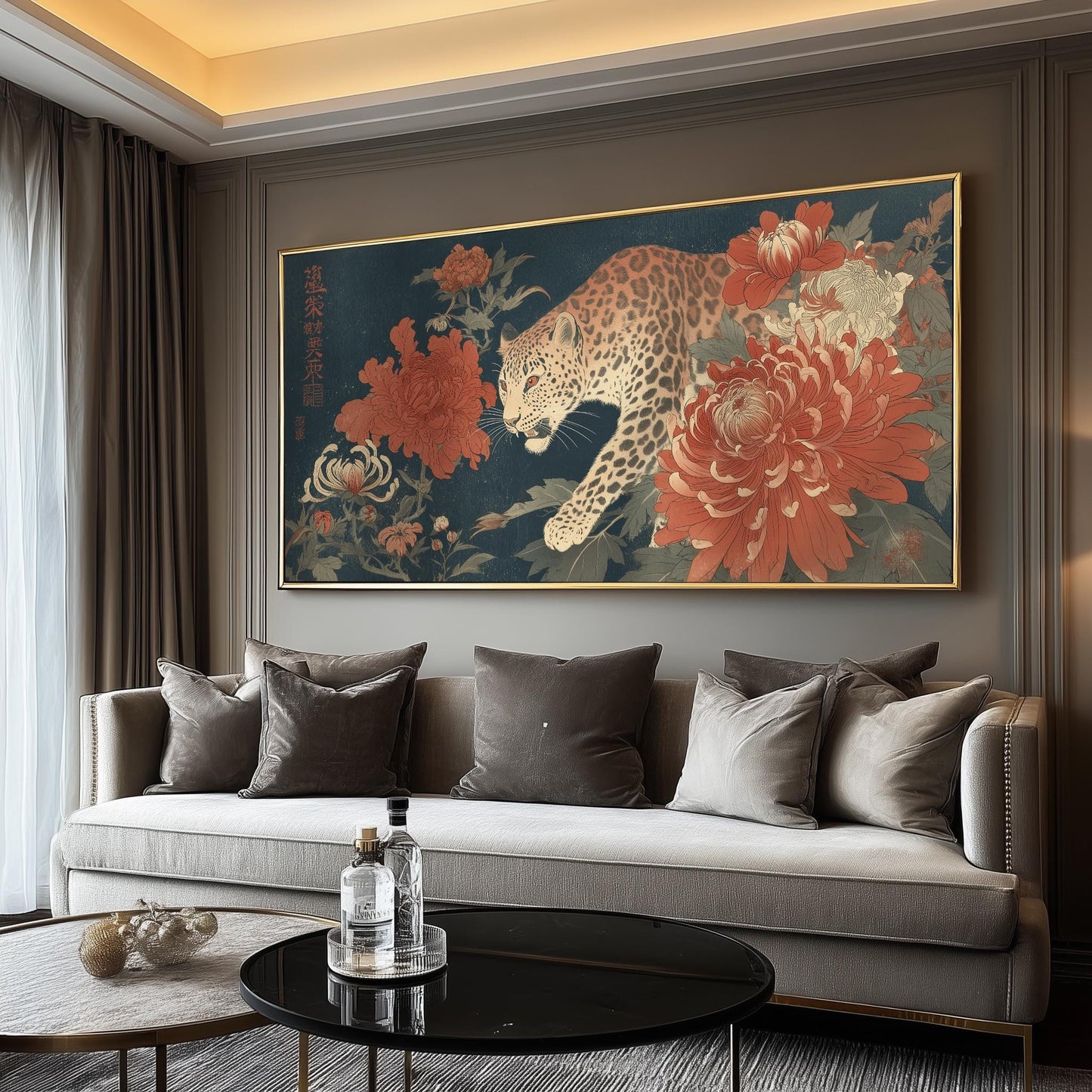 Japanese Leopard Poster Print – Navy Blue and Red Bedroom Wall Art Large Panoramic Art