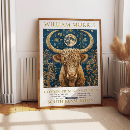 William Morris Wall Art – Vintage Floral Print With Highland Cow Design