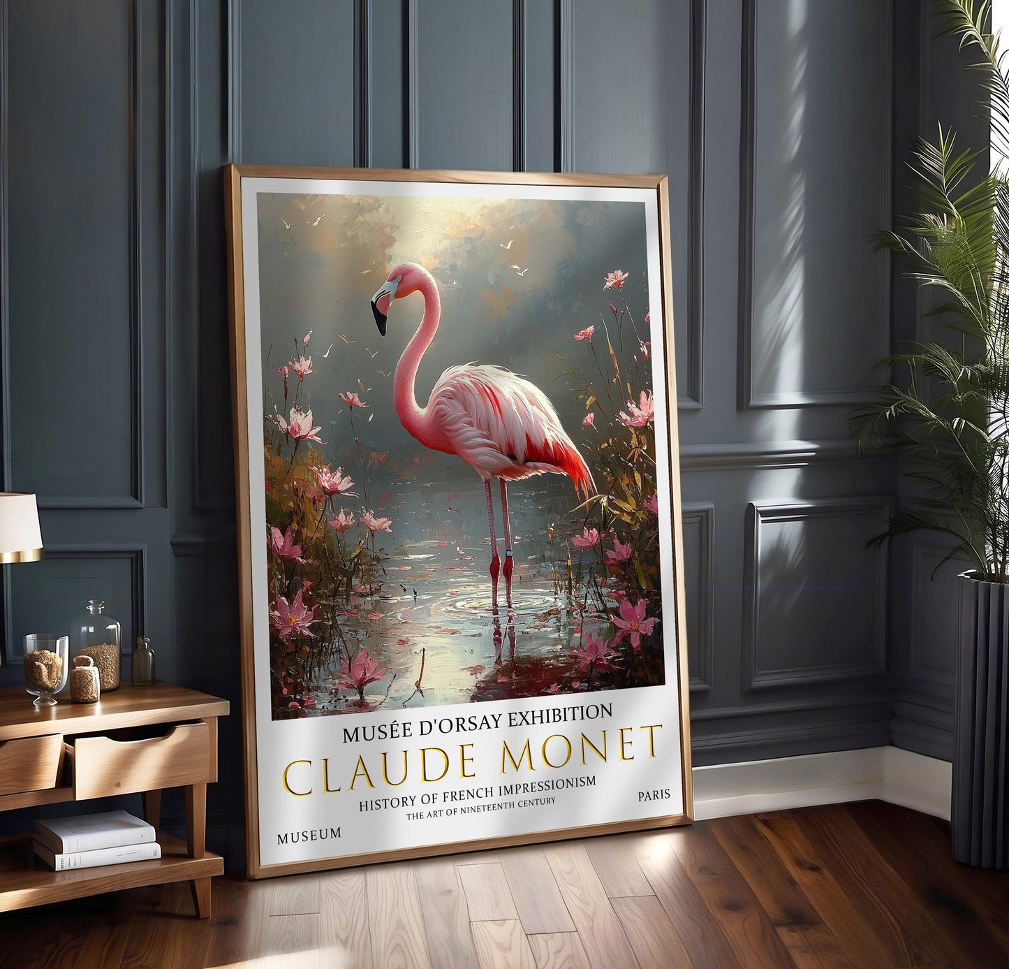 Pink Flamingo Poster – Claude Monet Oil Painting Vintage Wall Art