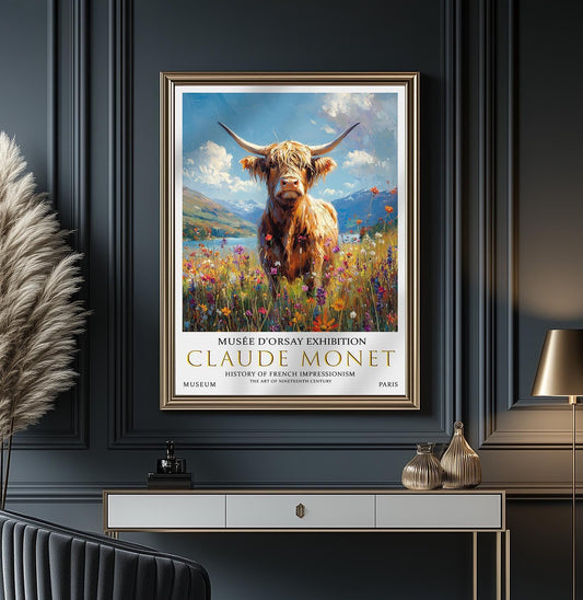 Victorian Highland Cow Poster – Claude Monet Impressionist Wall Art