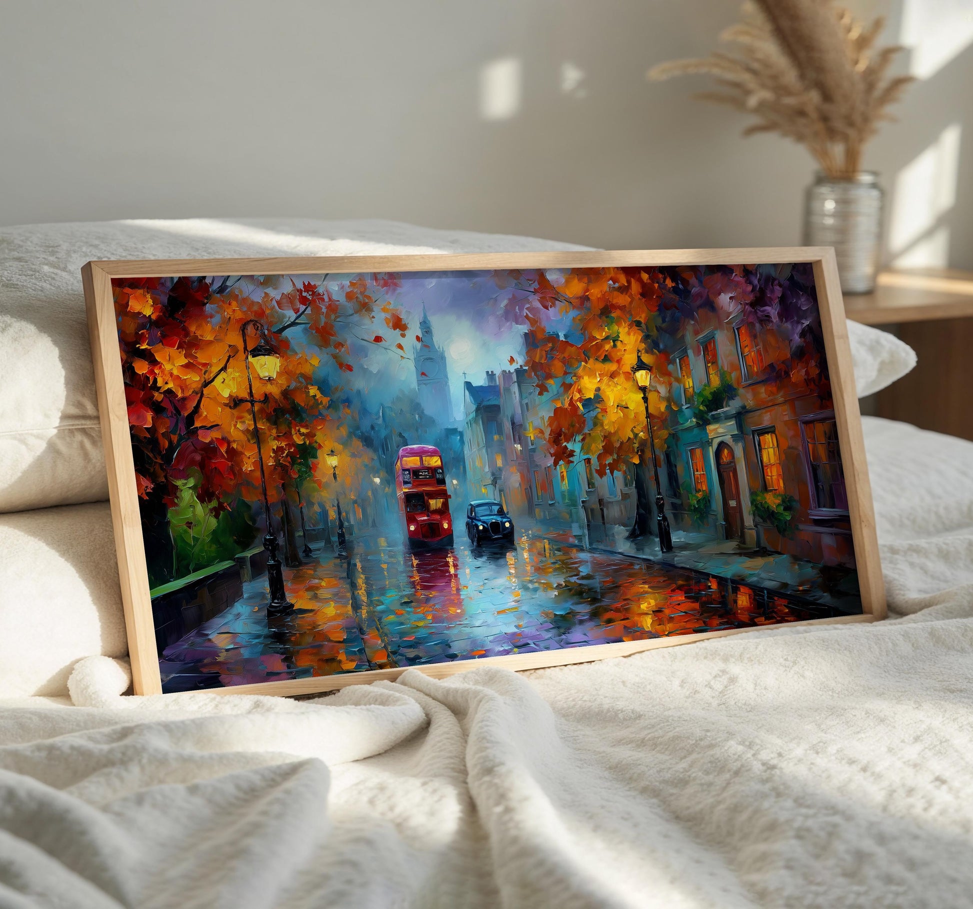 London Bus Art Print, Rainy London Wall Art, Red Bus Print, Panoramic Cityscape, Colourful Autumn Decor