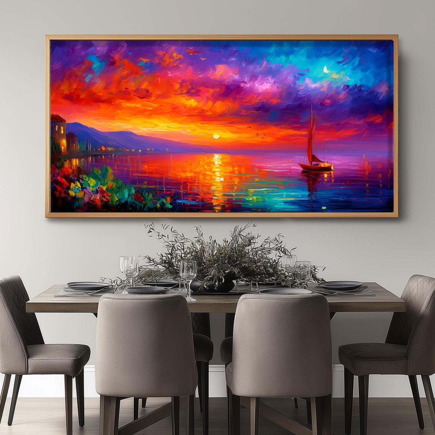 Sunset Seascape Art Print – Panoramic Sailboat Wall Art – Colourful Ocean Painting