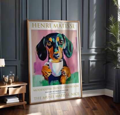 Matisse Style Dachshund Poster, Colourful Coffee Dog Wall Art Print