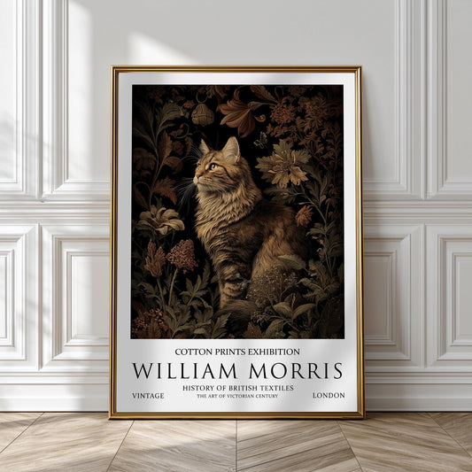 Poster Print, Maine Coon Cat, William Morris Floral Wall Art