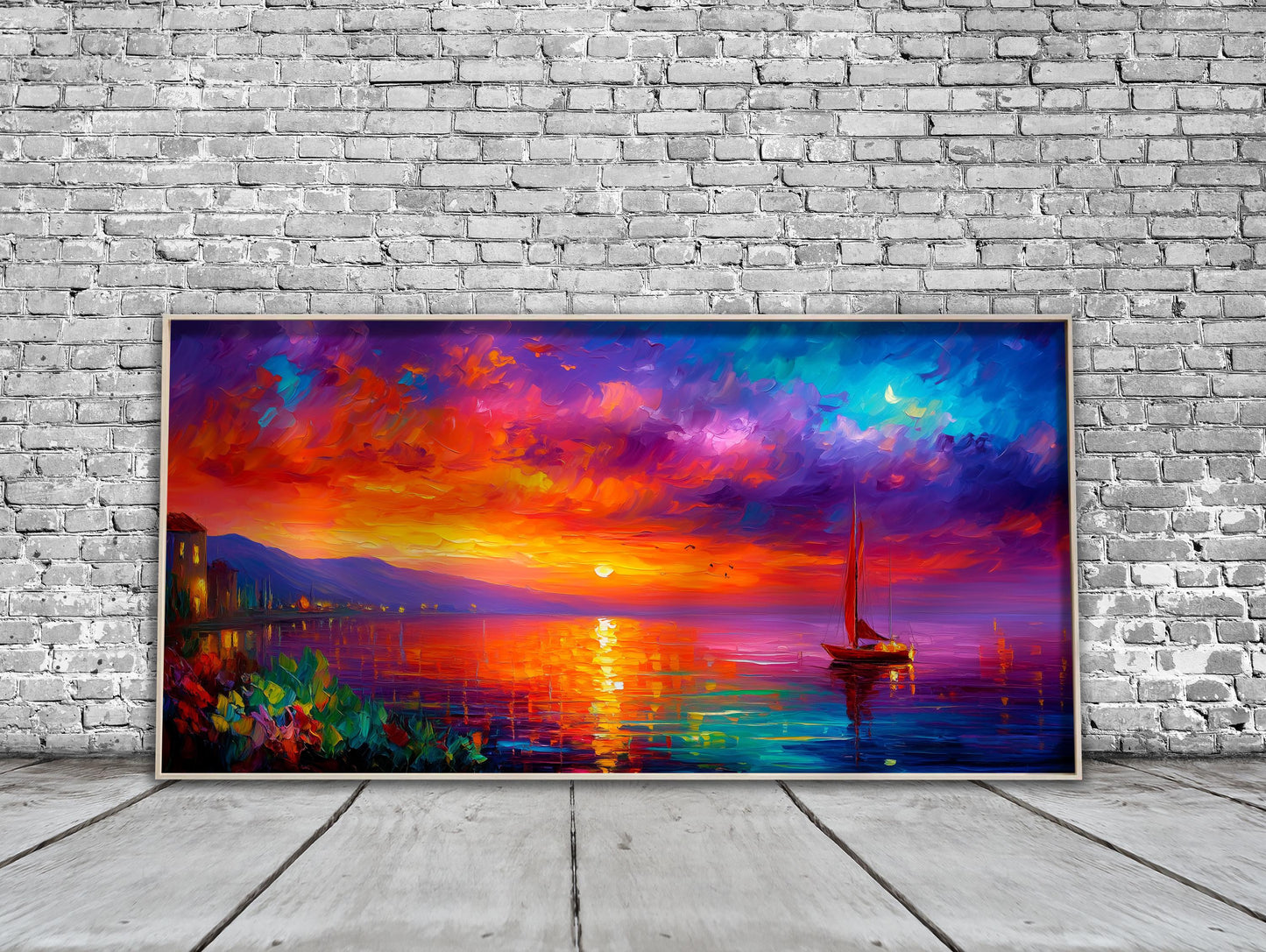 Sunset Seascape Art Print – Panoramic Sailboat Wall Art – Colourful Ocean Painting