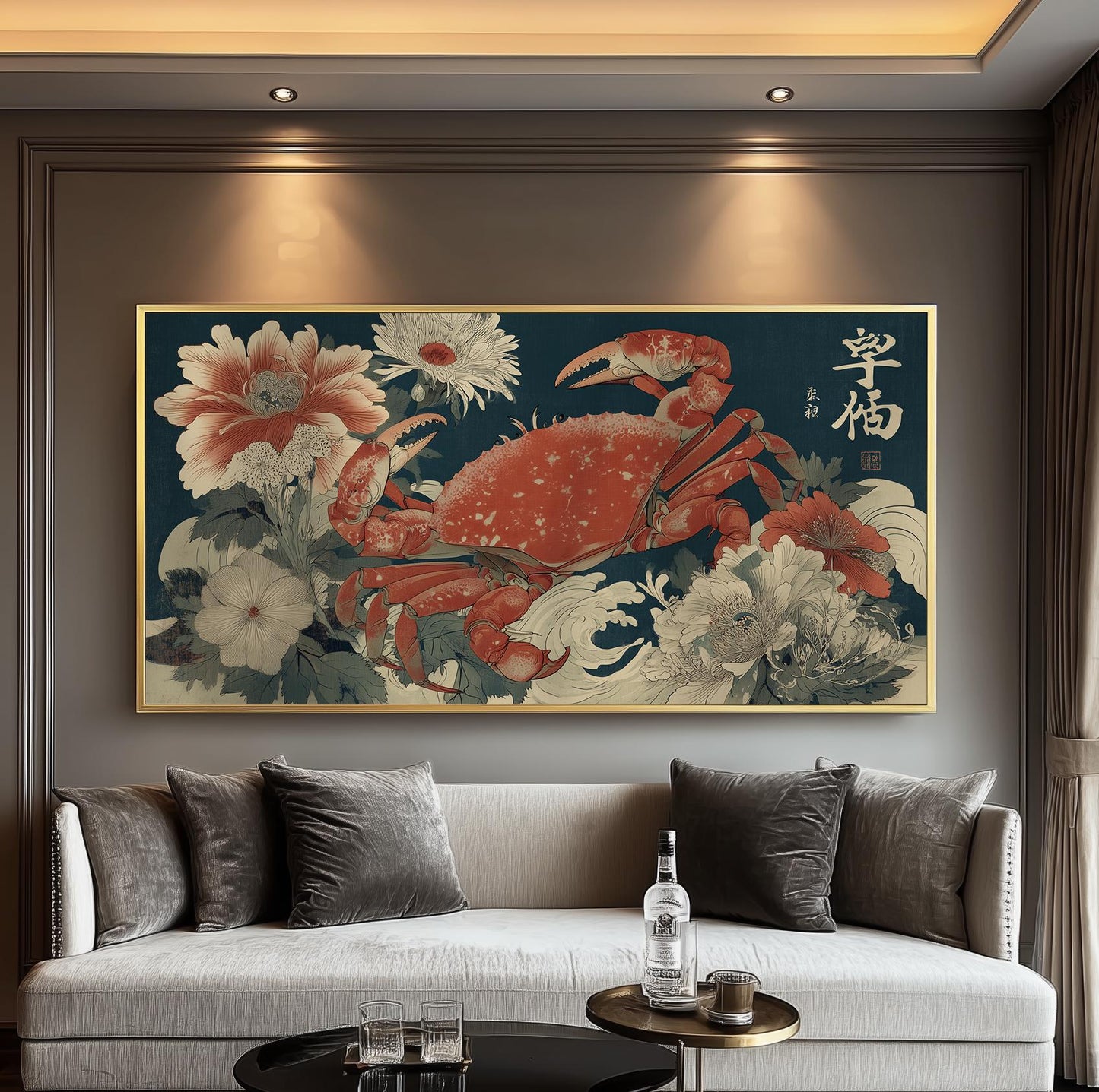 Japanese Crab Art Print: Ukiyo-e Floral Seascape