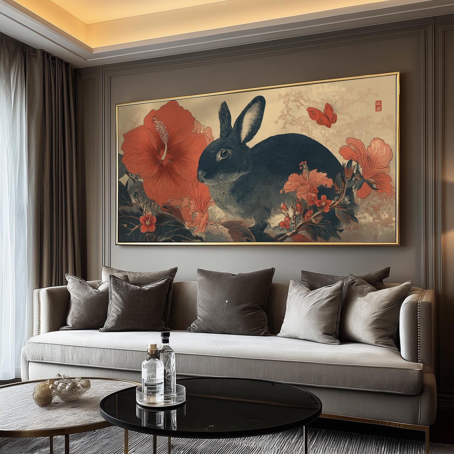 Japanese Rabbit Print, Ukiyo-e Floral Nature Panoramic Wall Art
