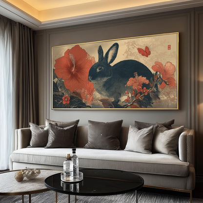 Japanese Rabbit Print, Ukiyo-e Floral Nature Panoramic Wall Art