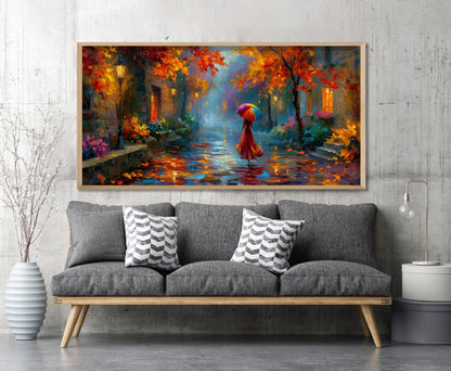 Colourful Umbrella Wall Art – Rainy Autumn Street Print – Impressionist Oil Painting