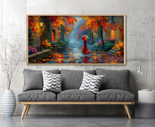 Colourful Umbrella Wall Art – Rainy Autumn Street Print – Impressionist Oil Painting