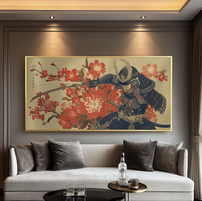 Print, Samurai and Cherry Blossom, Panoramic Japanese Ukiyo-e Wall Art