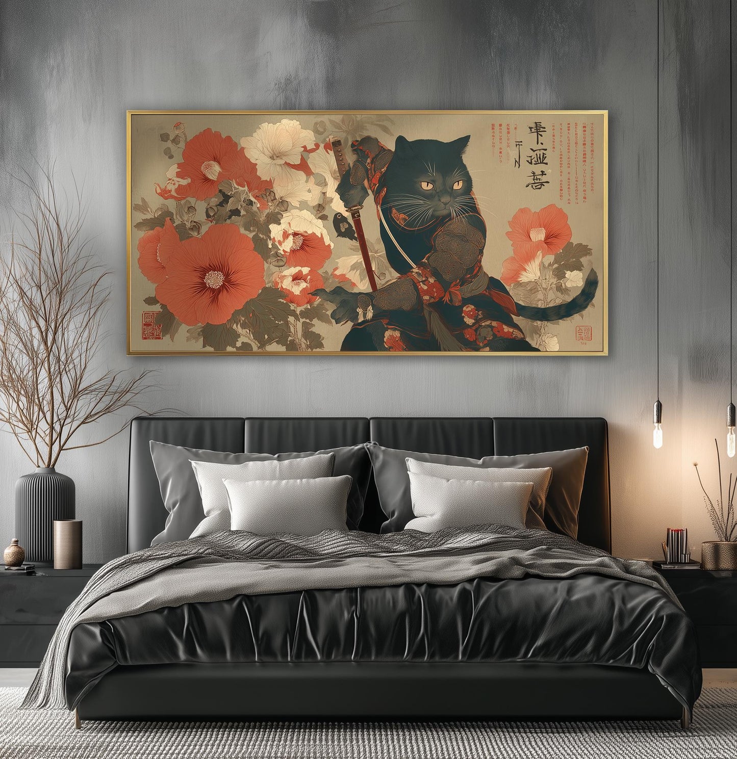 Samurai Cat Art Print: Ukiyo-e Woodblock, Japanese Floral Décor