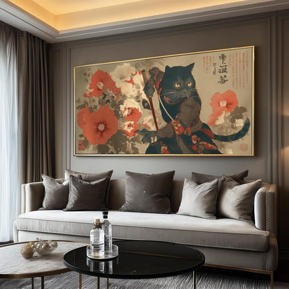 Samurai Cat Art Print: Ukiyo-e Woodblock, Japanese Floral Décor
