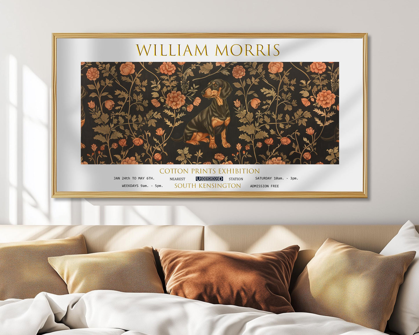 William Morris Dachshund Floral Print: Vintage Textiles Art