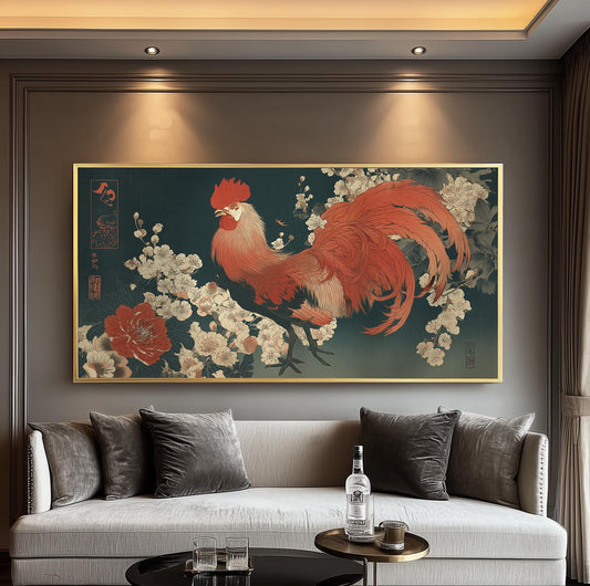 Japanese Rooster Art Print: Ukiyo-e Floral Woodblock Style