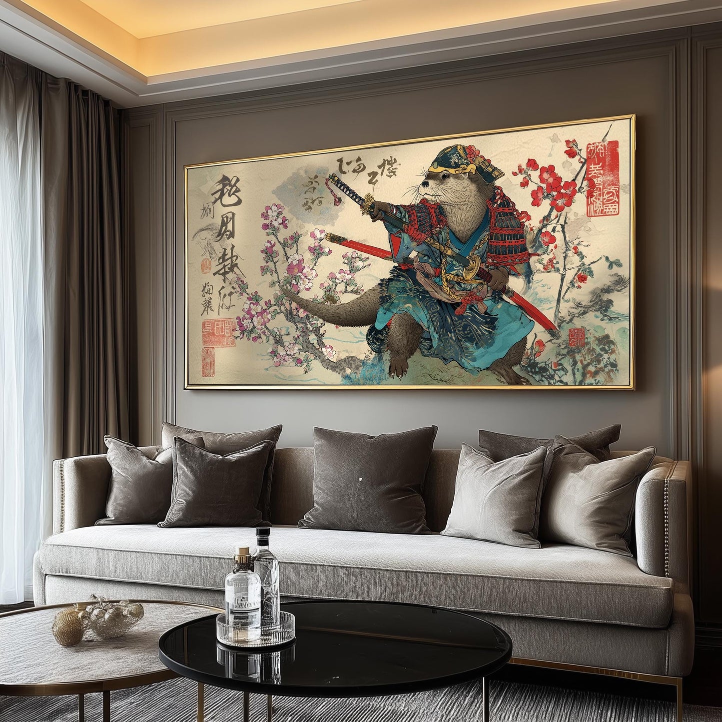 Samurai Otter Panoramic Print: Japanese Ukiyo-e Art