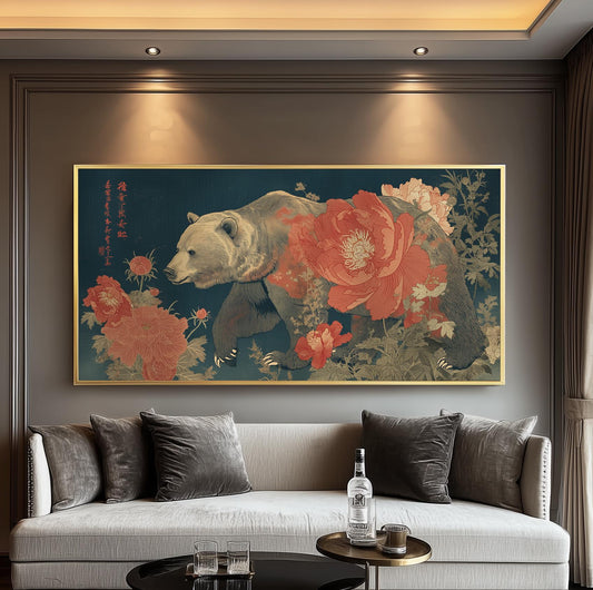 Japanese Bear Art Print: Ukiyo-e Floral Woodblock, Botanical Wildlife