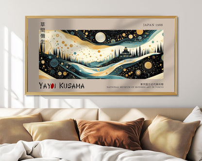 Japanese Panoramic Print | Yayoi Kusama Inspired Art | Japandi Wall Decor | Abstract Starry Landscape | Starry Night Art