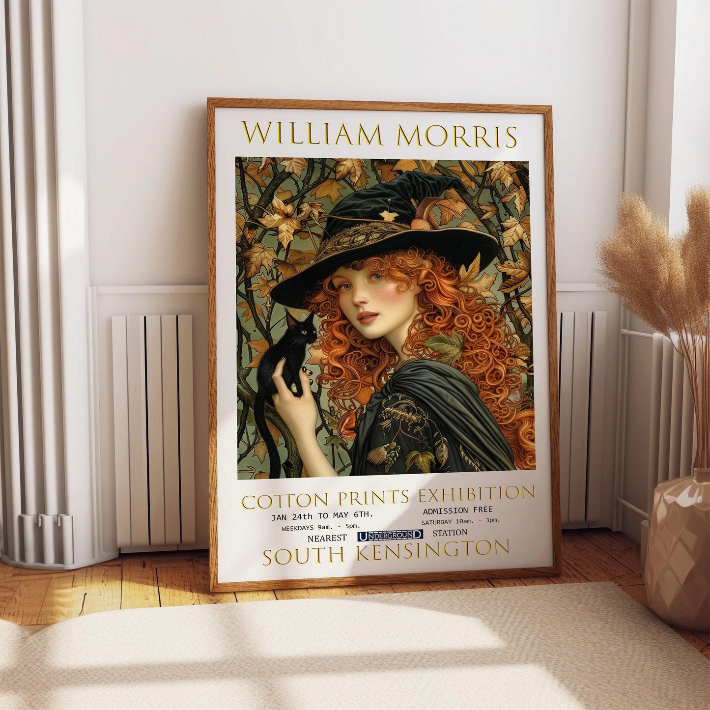 William Morris Print Gothic Witch & Black Cat Poster – Vintage Art Poster On Premium Matte Paper