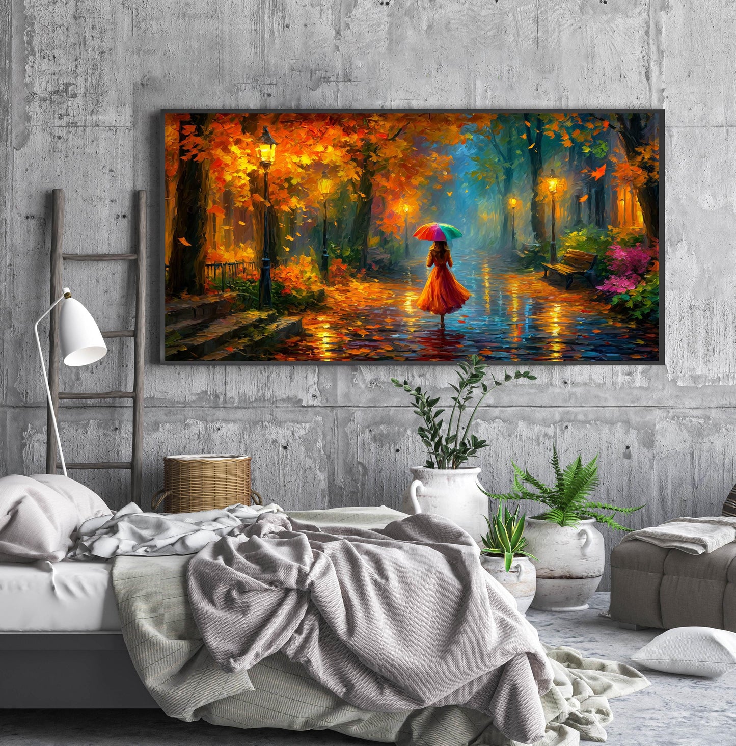 Colourful Umbrella Autumn Park PANORAMIC WALL ART Picture Print