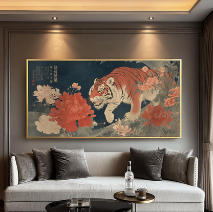 Japanese Tiger Art Print – Floral Décor – Large Panoramic Art Navy Blue Wall Art