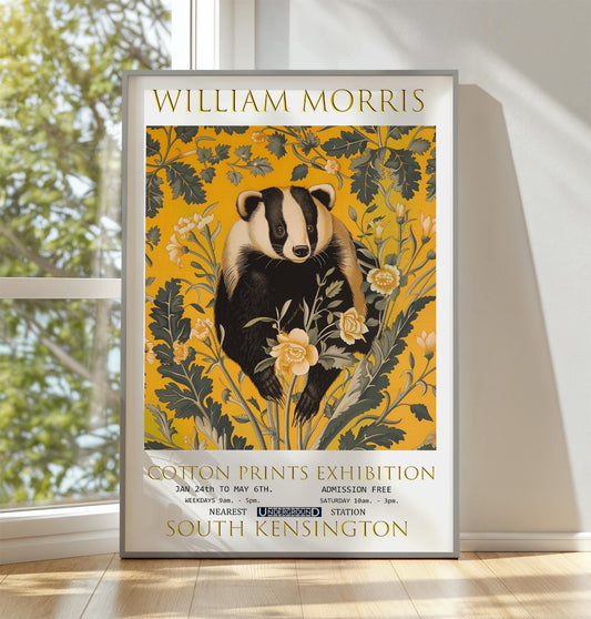 Vintage Badger Poster, William Morris Wall Art, Yellow and Mustered Wall Decor