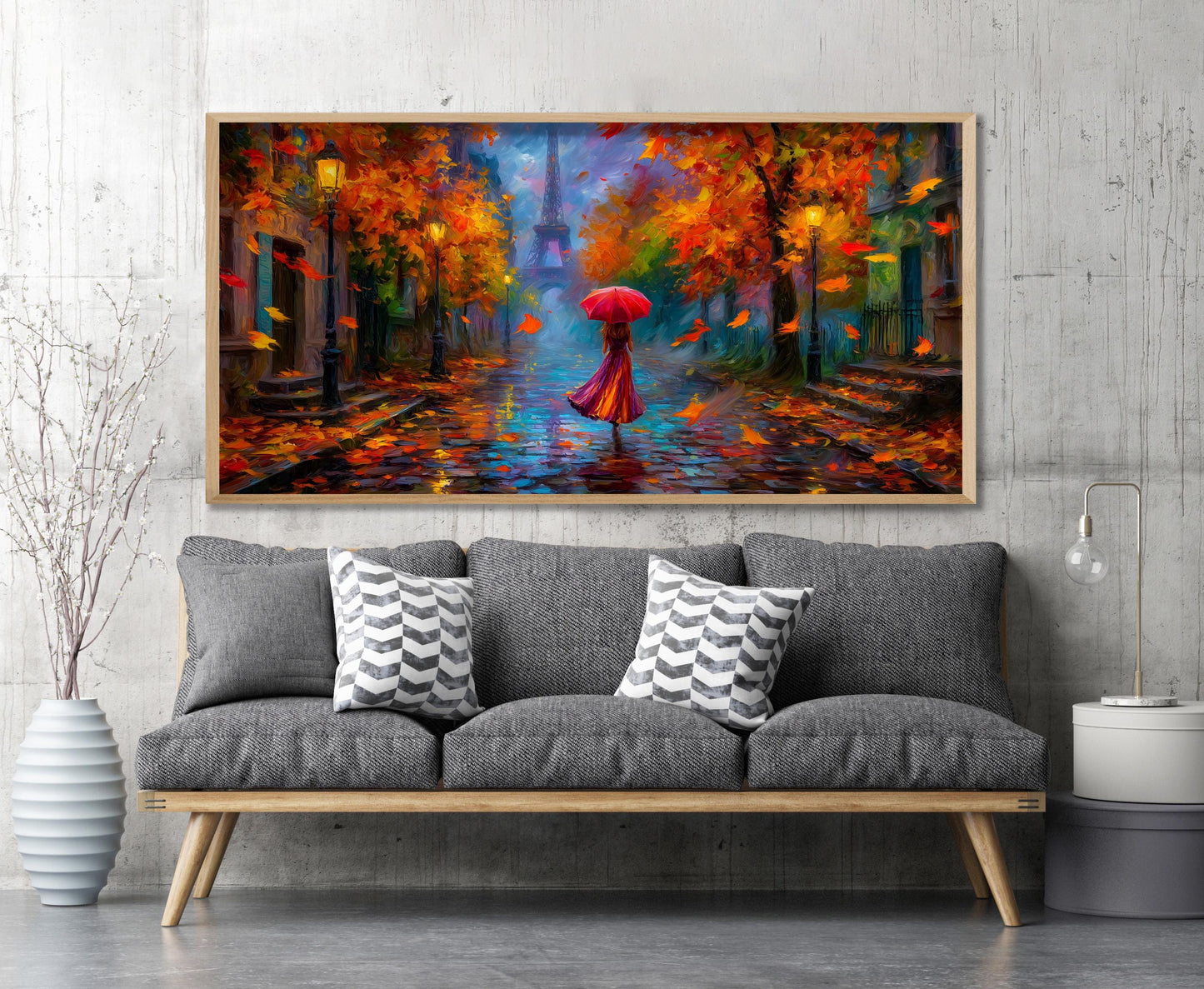 Eiffel Tower Panoramic Print, Rainy Paris Art, Impressionist Oil Painting Style