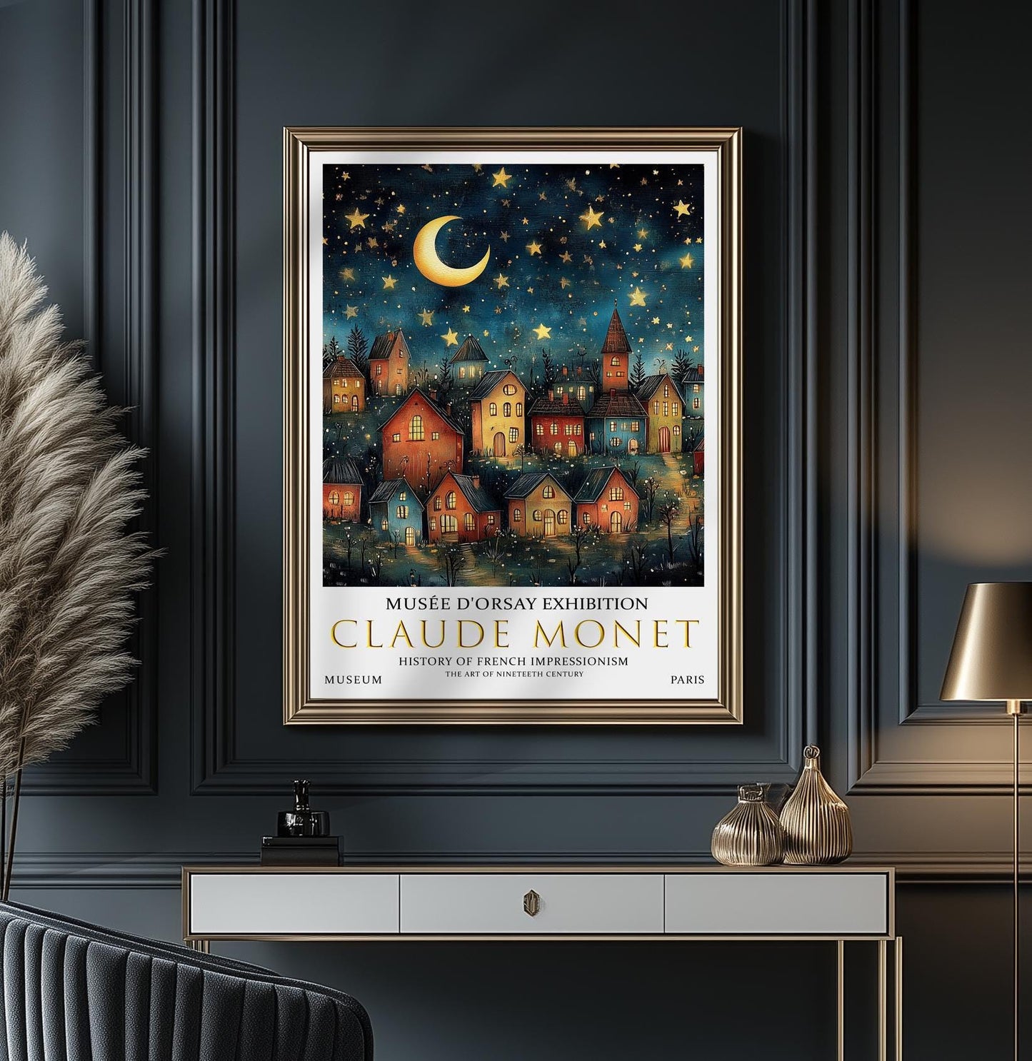 Vintage Moon & Stars Poster – Claude Monet Night Village Wall Art