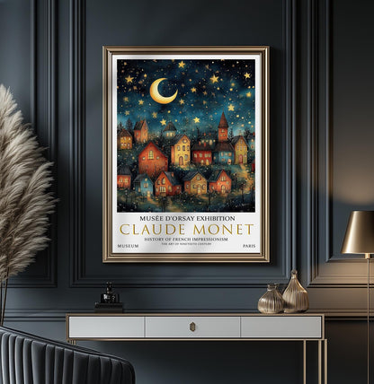 Vintage Moon & Stars Poster – Claude Monet Night Village Wall Art