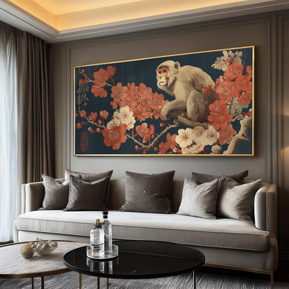 Japanese Monkey Art Print: Ukiyo-e Cherry Blossom Wall Decor