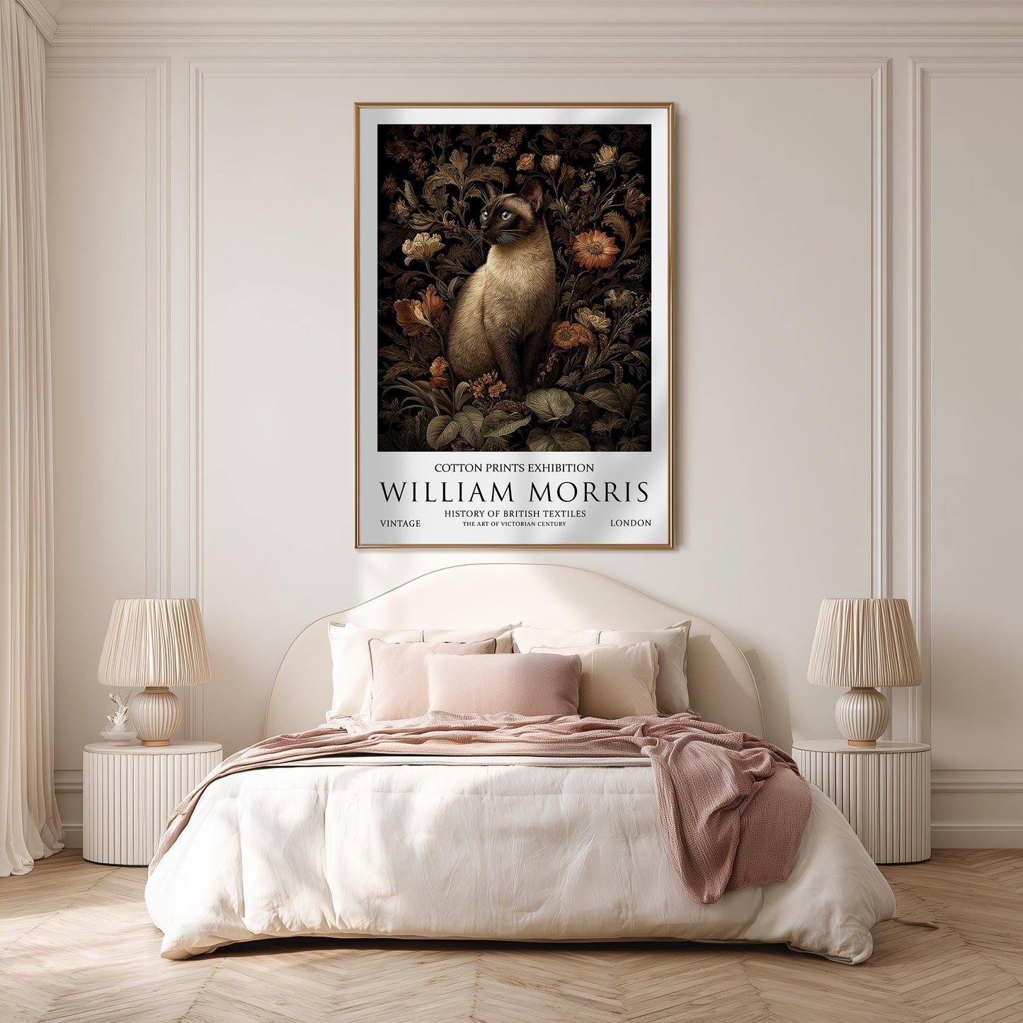 Siamese Cat Art Print, William Morris Style Floral Poster, Vintage Wall Art