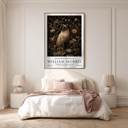 Siamese Cat Art Print, William Morris Style Floral Poster, Vintage Wall Art