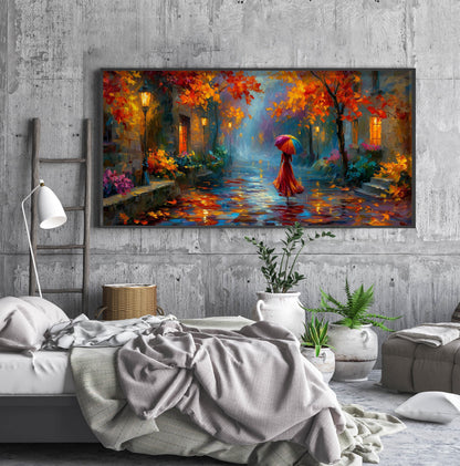 Colourful Umbrella Wall Art – Rainy Autumn Street Print – Impressionist Oil Painting