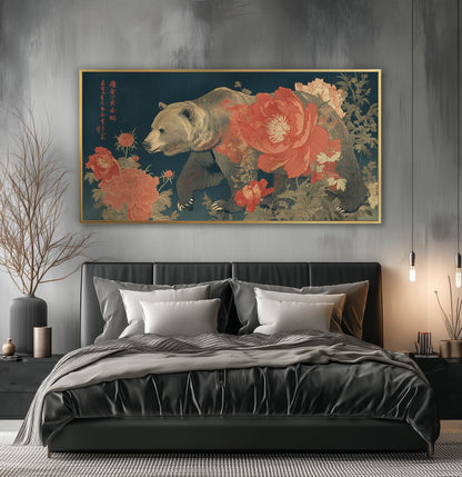 Japanese Bear Art Print: Ukiyo-e Floral Woodblock, Botanical Wildlife