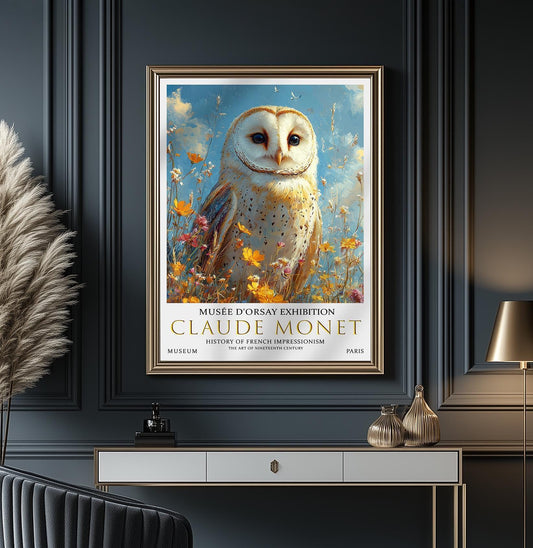 Vintage Barn Owl Poster – Claude Monet Summer Meadow Art