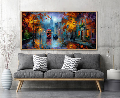 London Bus Art Print – Rainy London Wall Art – Panoramic Cityscape