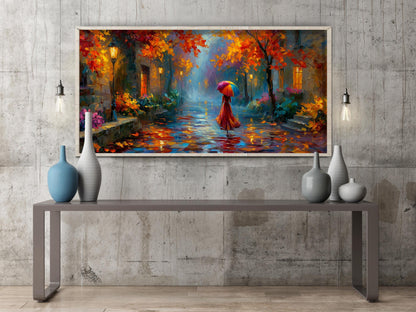 Colourful Umbrella Wall Art – Rainy Autumn Street Print – Impressionist Oil Painting