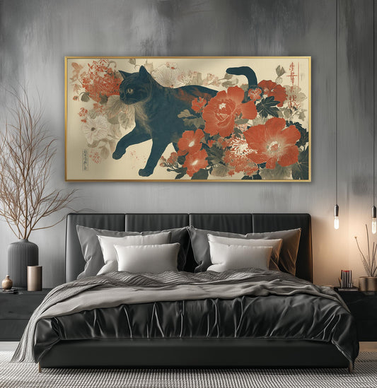 Japanese Black Cat Poster Print, Ukiyo-e Floral Panoramic Print
