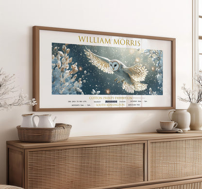 William Morris Owl Panoramic Print – Snowy Barn Owl – Botanical Exhibition Poster