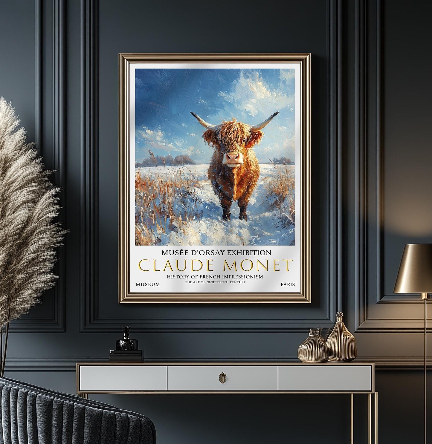 Claude Monet Highland Cow Winter Landscape Art Print