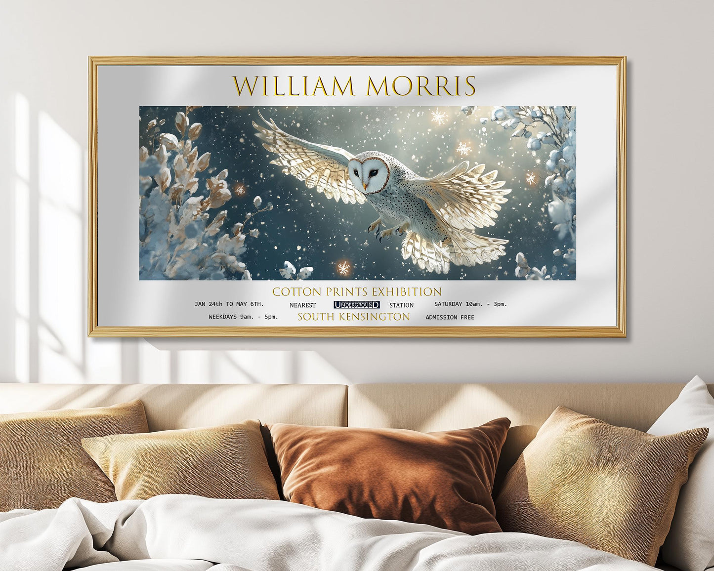 William Morris Owl Panoramic Print – Snowy Barn Owl – Botanical Exhibition Poster