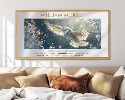 William Morris Owl Panoramic Print – Snowy Barn Owl – Botanical Exhibition Poster