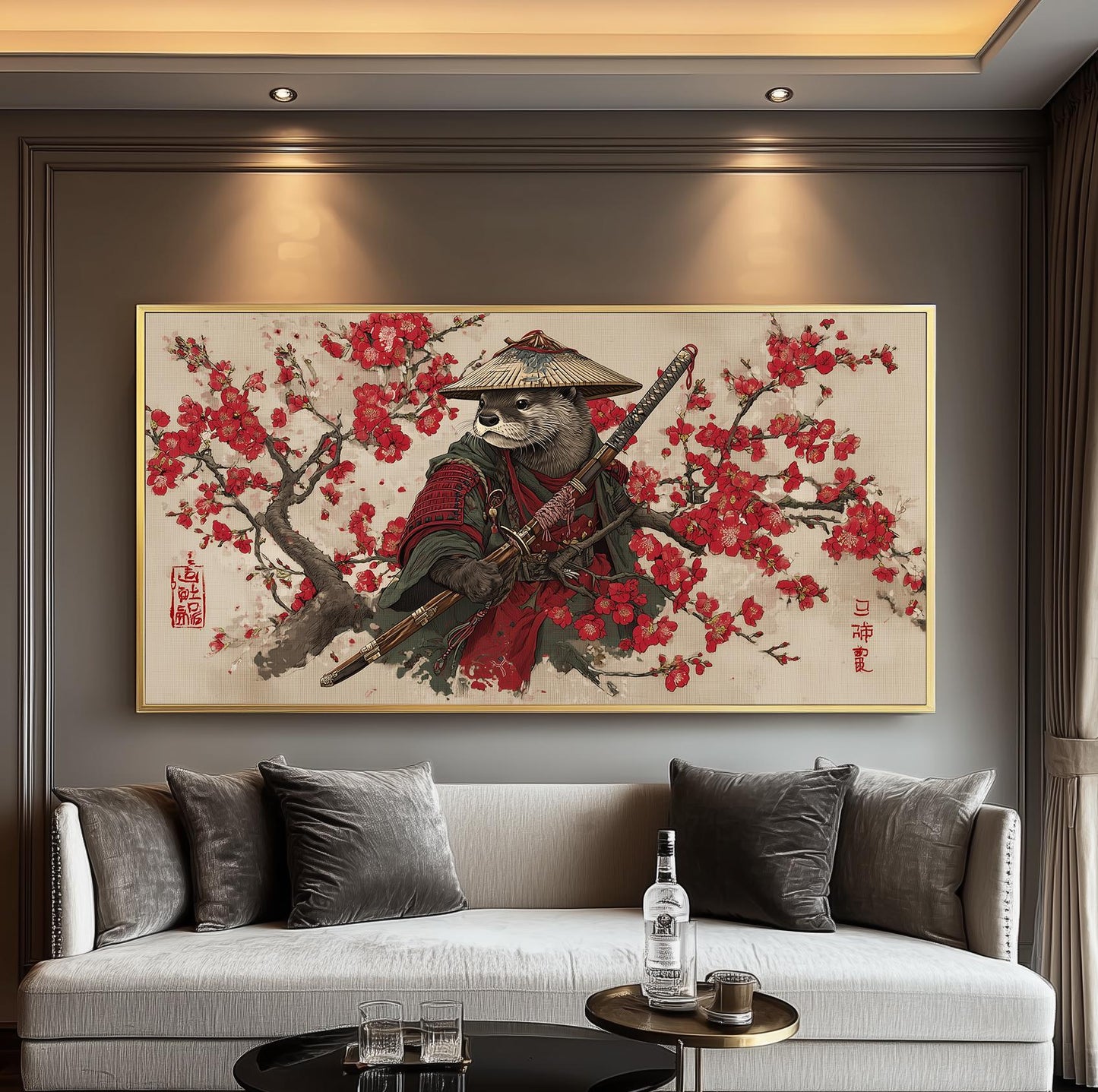 Samurai Otter Print: Japanese Ukiyo-e Art, Cherry Blossoms