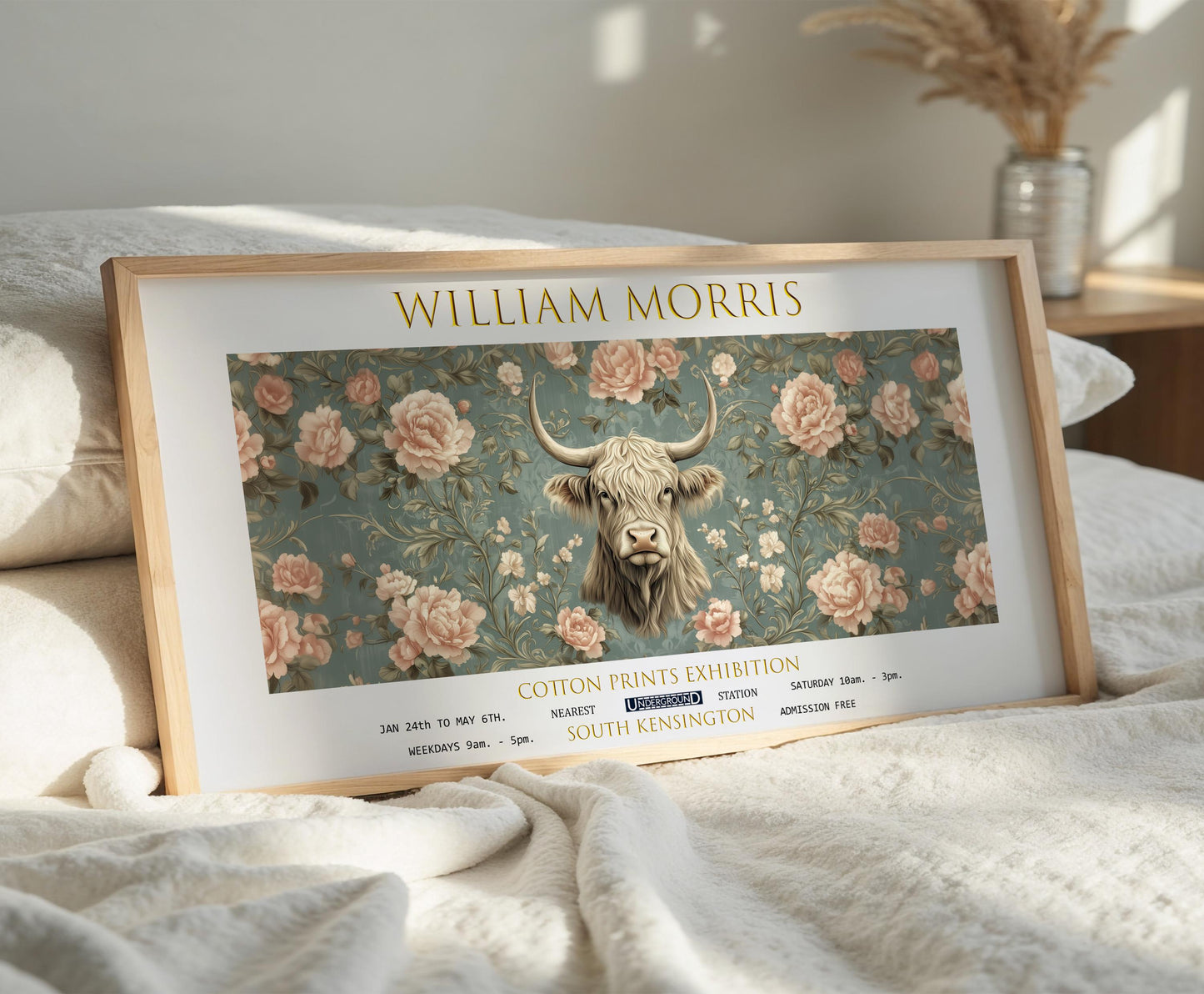 William Morris Highland Cow Floral Print: Vintage Exhibition Art