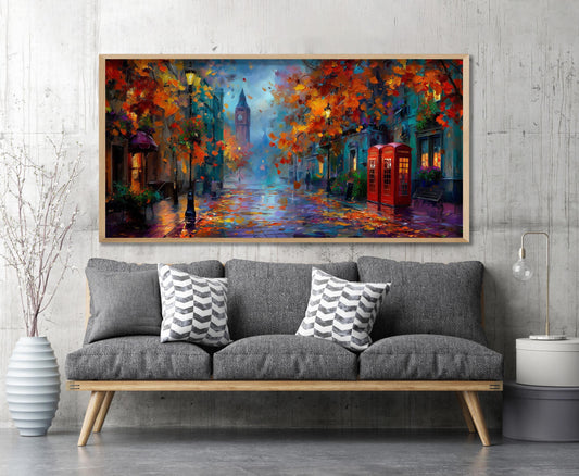 Panoramic London Impressionist Oil Painting – Big Ben – Red Phone Box – Art Print