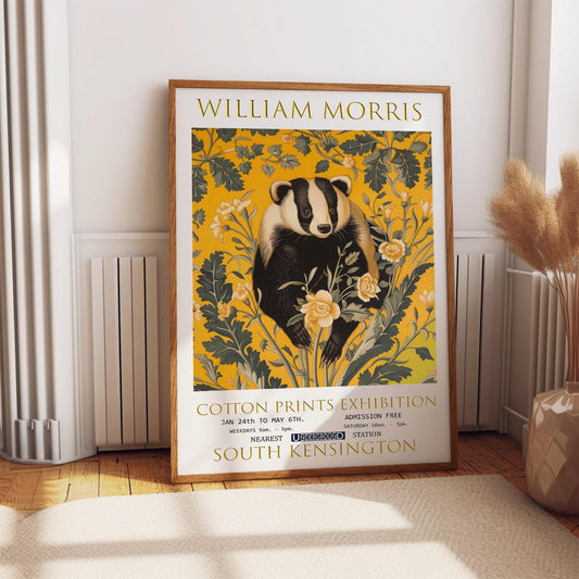 Vintage Badger Poster, William Morris Wall Art, Yellow and Mustered Wall Decor