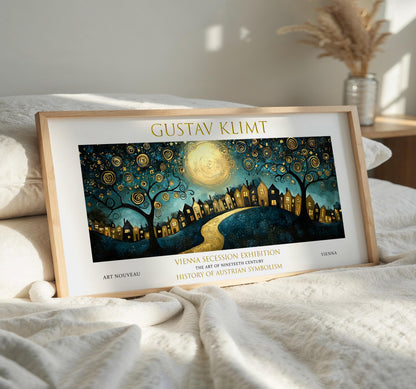 Klimt Night Village Print: Art Nouveau Moonlit Landscape
