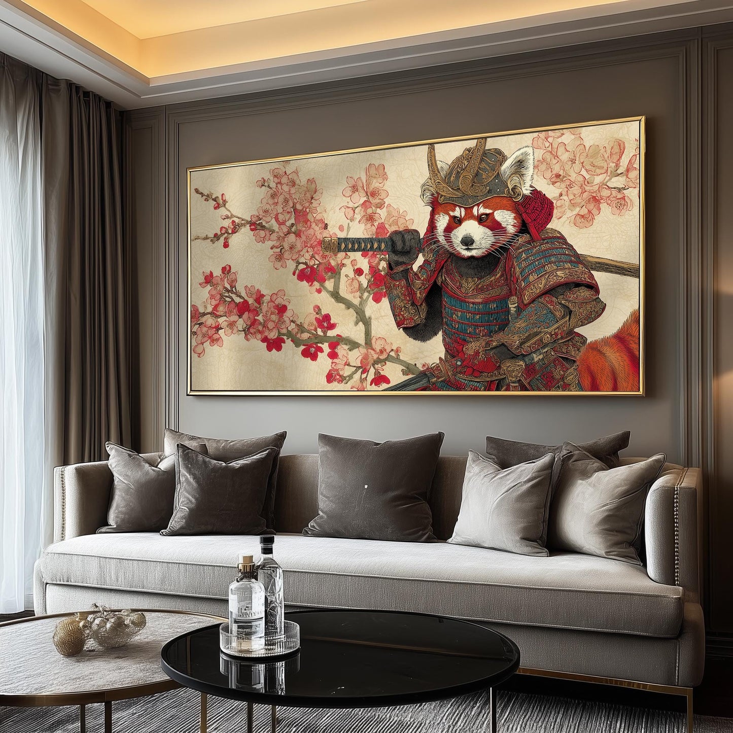 Red Panda Samurai Art Print: Japanese Ukiyo-e Style, Cherry Blossoms