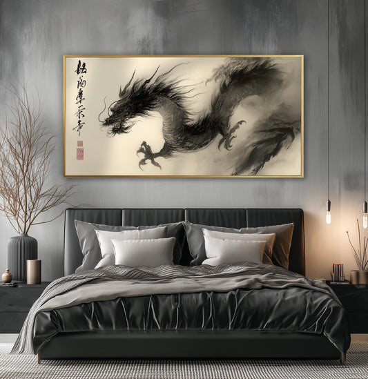 Chinese Dragon Panoramic Print: Vintage Ink Painting Art